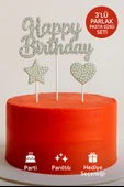 Happy Birthday Taşlı Pasta Süsü 3’lü Set – Gümüş Kalp ve Yıldızlı Işıltılı Doğum Günü Dekoru thumbnail 1