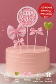 Pembe Fiyonklu Happy B-Day Pasta Süsü 3’lü Set – Altın Kalpli Simli Doğum Günü Dekoru thumbnail 1
