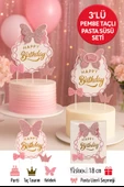 Pembe Taç ve Kelebekli Pasta Süsü 3’lü Set – Işıltılı Happy Birthday Doğum Günü Dekoru thumbnail 1