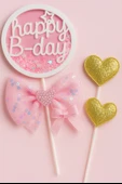 Pembe Fiyonklu Happy B-Day Pasta Süsü 3’lü Set – Altın Kalpli Simli Doğum Günü Dekoru thumbnail 3