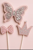 Pembe Taç ve Kelebekli Pasta Süsü 3’lü Set – Işıltılı Happy Birthday Doğum Günü Dekoru thumbnail 3