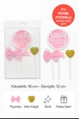 Pembe Fiyonklu Happy B-Day Pasta Süsü 3’lü Set – Altın Kalpli Simli Doğum Günü Dekoru thumbnail 4