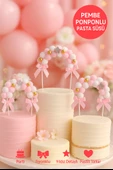 Pembe Ponponlu Pasta Süsü – Yumuşak Keçe Fiyonklu 3D Dekor Seti | Doğum Günü Süsleri thumbnail 1