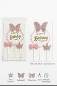 Pembe Taç ve Kelebekli Pasta Süsü 3’lü Set – Işıltılı Happy Birthday Doğum Günü Dekoru thumbnail 4