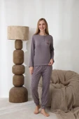Lindros Kadın Pamuk'lu Düğme Yaka Raporlu İnterlok KIŞLIK Pijama Takımı 0274 - 1 Adet   L Füme thumbnail 4