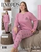 Lindros Kadın Pamuk'lu Düğme Yaka Raporlu İnterlok KIŞLIK Battal Pijama Takımı 0255 - 1 Adet   Pembe 5XL thumbnail 2