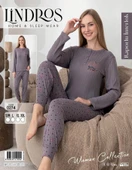 Lindros Kadın Pamuk'lu Düğme Yaka Raporlu İnterlok KIŞLIK Pijama Takımı 0274 - 1 Adet   L Füme thumbnail 3