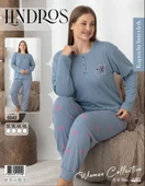 Lindros Kadın Pamuk'lu Düğme Yaka Raporlu İnterlok KIŞLIK Battal Pijama Takımı 0242 - 1 Adet   Mavi 5XL thumbnail 2