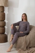 Lindros Kadın Pamuk'lu Düğme Yaka Raporlu İnterlok KIŞLIK Pijama Takımı 0274 - 1 Adet   L Füme thumbnail 9