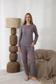 Lindros Kadın Pamuk'lu Düğme Yaka Raporlu İnterlok KIŞLIK Pijama Takımı 0274 - 1 Adet   L Füme thumbnail 6