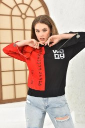 Baskı Taş ve Fermuarlı Siyah Renk Bloklu Kadın Sweatshirt - 3