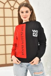 Baskı Taş ve Fermuarlı Siyah Renk Bloklu Kadın Sweatshirt - 1