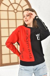 Baskı Taş ve Fermuarlı Siyah Renk Bloklu Kadın Sweatshirt - 2
