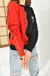 Baskı Taş ve Fermuarlı Siyah Renk Bloklu Kadın Sweatshirt - 4