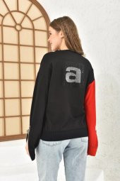 Baskı Taş ve Fermuarlı Siyah Renk Bloklu Kadın Sweatshirt - 5