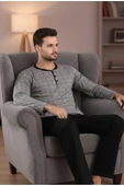 Bravie Yakası Düğmeli %100 Pamuk Erkek Penye Pijama Takımı 9718 Gri - 3