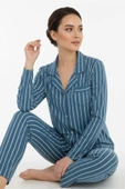 Bravie Luxury Viscose Petrol Mavi Çizgili Kadın Uzun Kollu Pijama Takımı – 42552 - 1