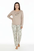 Bravie Üstü Yazılı Altı Çizgili Elite Viscose Uzun Büyük Beden Pijama Takımı Pudra 3597 - 1