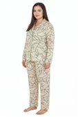 Bravie Luxury Soft Ekru Çizgi Desenli Uzun Kollu Kadın Pijama Takımı – Büyük Beden 3015 - 5