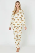 Bravie Luxury Soft Ekru Ayıcık Desenli Uzun Kollu Kadın Pijama Takımı – 3041 - 1