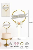 Altın Halkalı Happy Birthday Pasta Süsü – Gümüş Simli & Çiçekli Fiyonklu Doğum Günü Dekoru thumbnail 4