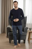 Bravie Yakası Düğmeli %100 Pamuk Erkek Penye Pijama Takımı 9705 Koyu Lacivert - 4