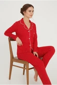 Bravie Luxury Viscose Kırmızı Puantiye Desenli Kadın Uzun Kollu Pijama Takımı – 42563 - 2