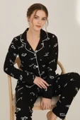 Bravie Luxury Viscose Siyah Love ve Kalp Desenli Kadın Uzun Kollu Pijama Takımı – 42572 - 1