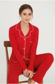 Bravie Luxury Viscose Kırmızı Puantiye Desenli Kadın Uzun Kollu Pijama Takımı – 42563 - 1