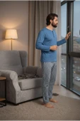 Bravie Yakası Düğmeli %100 Pamuk Erkek Penye Pijama Takımı 9703 Mavi - 2