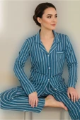 Bravie Luxury Viscose Petrol Mavi Çizgili Kadın Uzun Kollu Pijama Takımı – 42552 - 4
