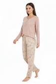 Bravie Üstü Yazılı Altı Çiçek Desenli Elite Viscose Uzun Pijama Takımı Pudra 3564 - 2