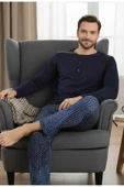 Bravie Yakası Düğmeli %100 Pamuk Erkek Penye Pijama Takımı 9705 Koyu Lacivert - 2