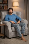 Bravie Yakası Düğmeli %100 Pamuk Erkek Penye Pijama Takımı 9703 Mavi - 3