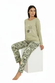 Bravie Üstü Yazılı Altı Yaprak Desenli Elite Viscose Pijama Takımı Uzun Yeşil 3559 - 4