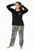 Bravie Üstü Yazılı Altı Leopar Desenli Elite Viscose Uzun Büyük Beden Pijama Takımı Siyah 3588 - 3