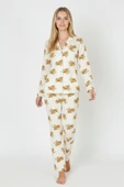 Bravie Luxury Soft Ekru Ayıcık Desenli Uzun Kollu Kadın Pijama Takımı – 3041 - 4