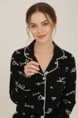 Bravie Luxury Viscose Siyah Love ve Kalp Desenli Kadın Uzun Kollu Pijama Takımı – 42572 - 2