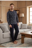 Bravie Yakası Düğmeli %100 Pamuk Erkek Penye Pijama Takımı 9709 Koyu Desenli - 1