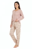Bravie Üstü Yazılı Altı Çiçek Desenli Elite Viscose Uzun Pijama Takımı Pudra 3564 - 3