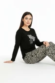 Bravie Üstü Yazılı Altı Desenli Elite Viscose Uzun Pijama Takımı Siyah 3557 - 5