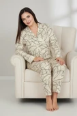 Bravie Luxury Soft Ekru Çizgi Desenli Uzun Kollu Kadın Pijama Takımı – Büyük Beden 3015 - 4