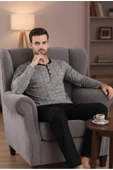 Bravie Yakası Düğmeli %100 Pamuk Erkek Penye Pijama Takımı 9718 Gri - 4