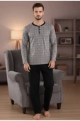 Bravie Yakası Düğmeli %100 Pamuk Erkek Penye Pijama Takımı 9718 Gri - 2