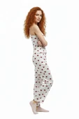 Bravie Altı Uzun Üstü Askılı Yumuşak Kırmızı Kalp Desenli Pijama Takımı Beyaz - 6
