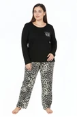 Bravie Üstü Yazılı Altı Leopar Desenli Elite Viscose Uzun Büyük Beden Pijama Takımı Siyah 3588 - 2