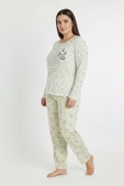 Bravie Üstü Yatay Çizgili Altı Desenli Elite Viscose Uzun Büyük Beden Pijama Takımı Beyaz 3590 - 2