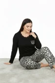 Bravie Üstü Yazılı Altı Leopar Desenli Elite Viscose Uzun Büyük Beden Pijama Takımı Siyah 3588 - 5
