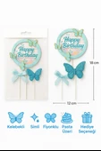 Mavi Kelebekli Happy Birthday Pasta Süsü – 3’lü Simli Fiyonklu Zarif Doğum Günü Seti thumbnail 4