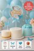 Mavi Kelebekli Happy Birthday Pasta Süsü – 3’lü Simli Fiyonklu Zarif Doğum Günü Seti thumbnail 1
